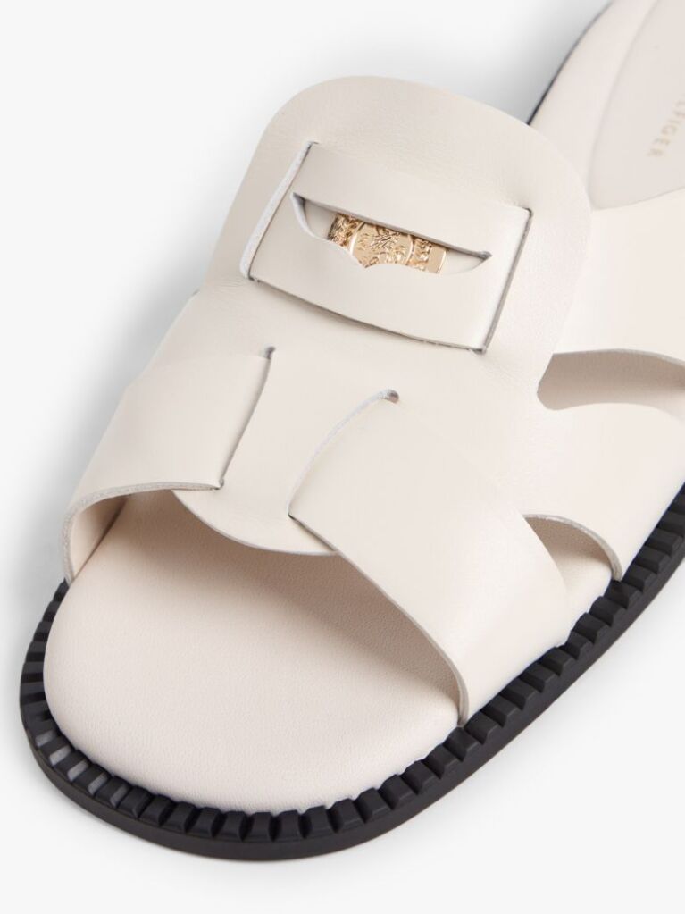 Beige Leather Crest Square Toe Sandals  Women