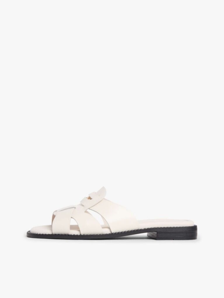 Beige Leather Crest Square Toe Sandals  Women