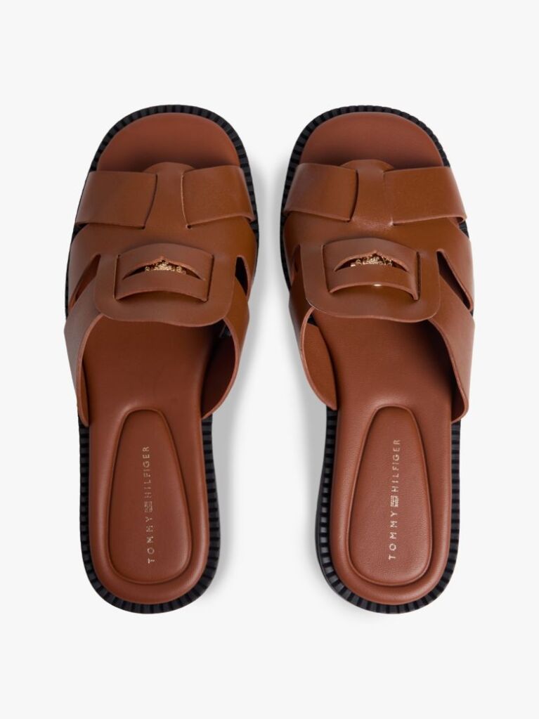 Brown Leather Crest Square Toe Sandals  Women