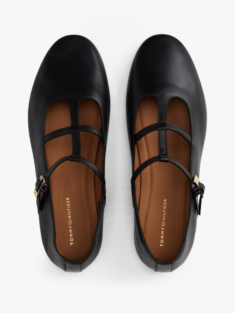 Black Leather Double T-Bar Ballerinas  Women