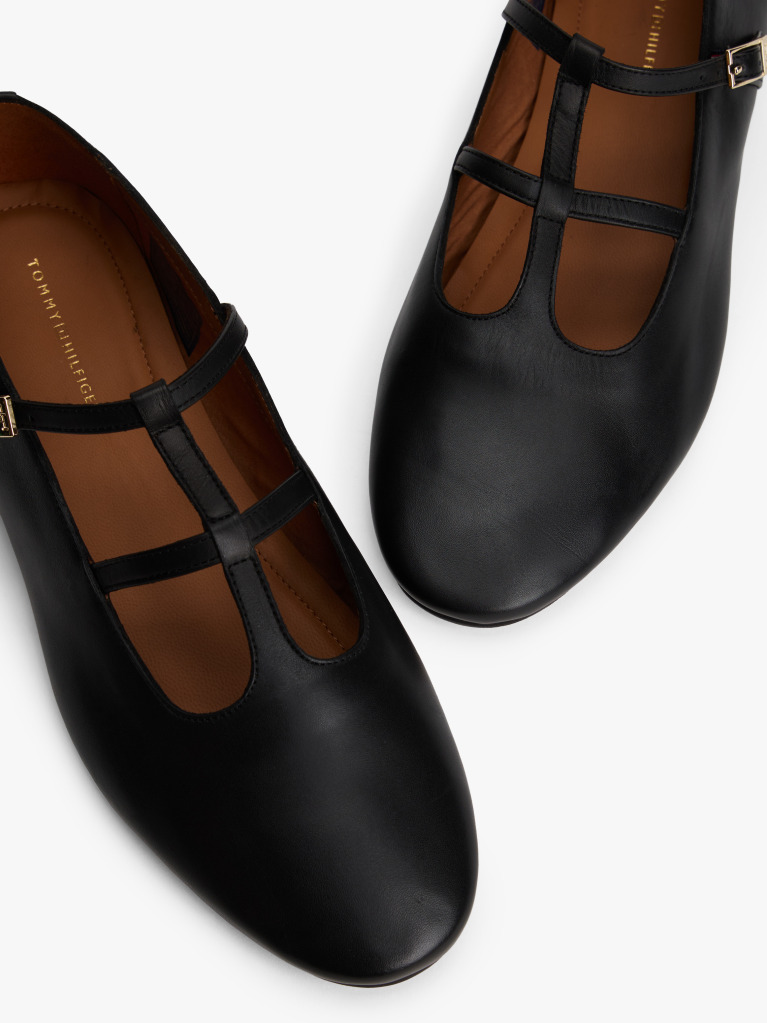 Black Leather Double T-Bar Ballerinas  Women