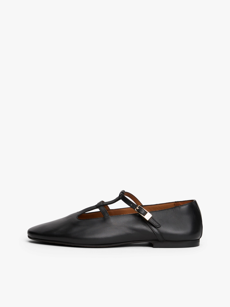 Black Leather Double T-Bar Ballerinas  Women