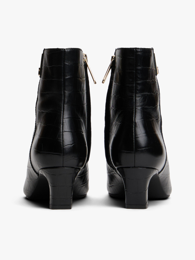 Black Croco-Print Kitten Heel Boots With Leather  Women