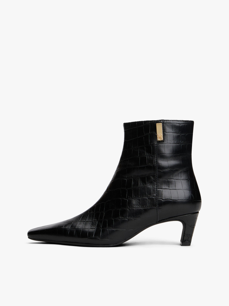 Black Croco-Print Kitten Heel Boots With Leather  Women