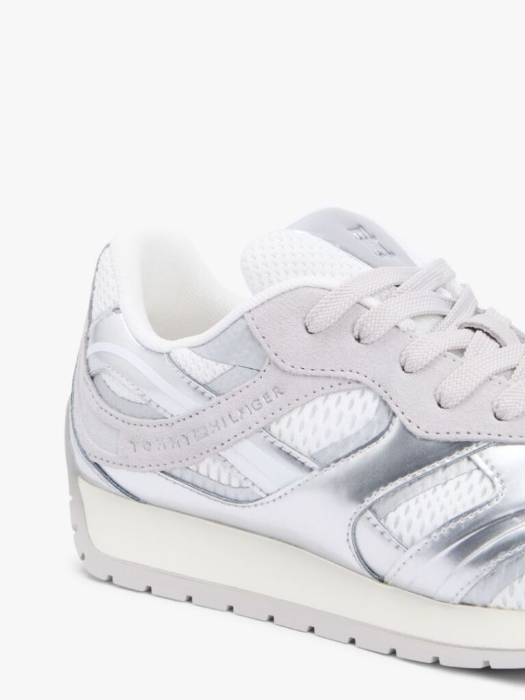 Ασημί Δερμάτινα Sneakers Με Μίξη Υφών  Γυναίκες