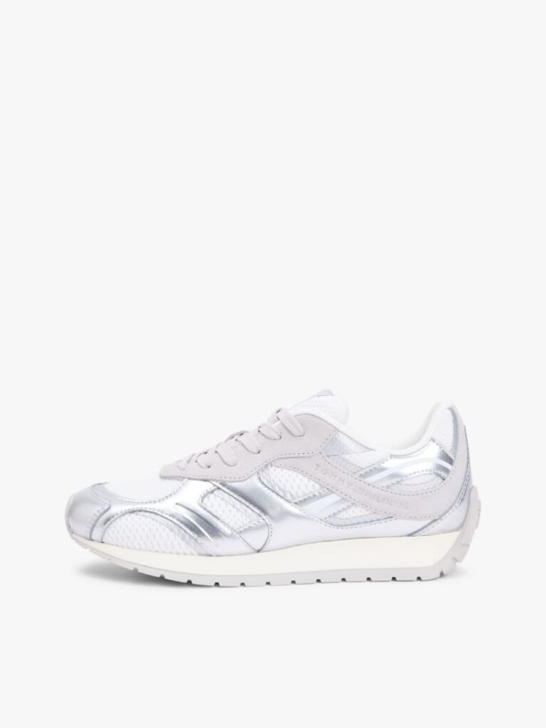 Ασημί Δερμάτινα Sneakers Με Μίξη Υφών  Γυναίκες