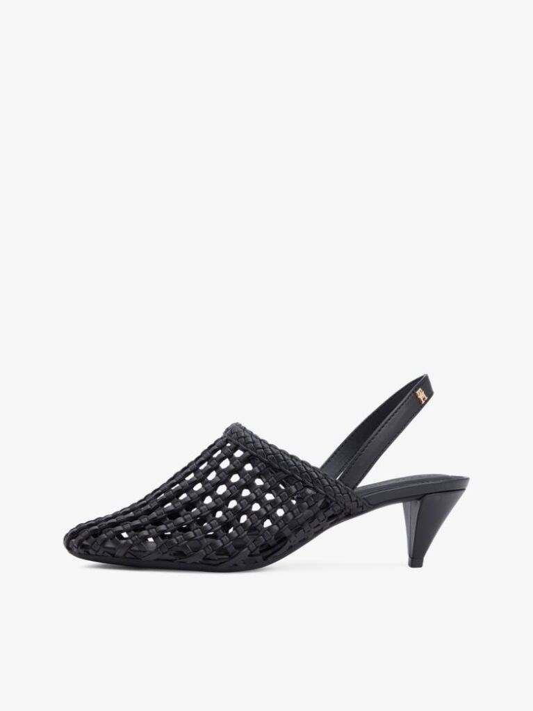 Black Woven Pointed Toe Slingback Heels  Women