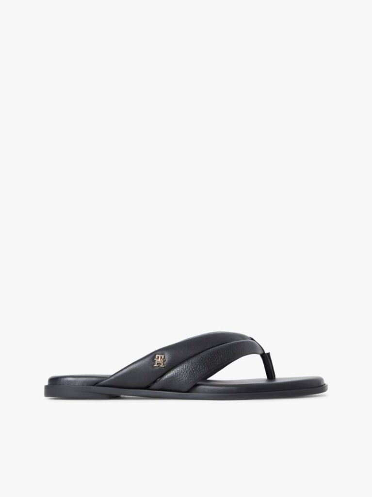 Black Leather Toe Post Flat Sandals  Women