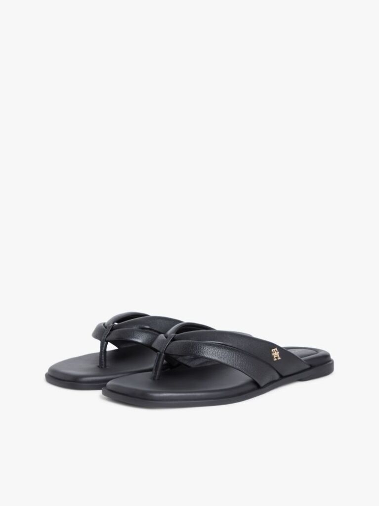 Black Leather Toe Post Flat Sandals  Women