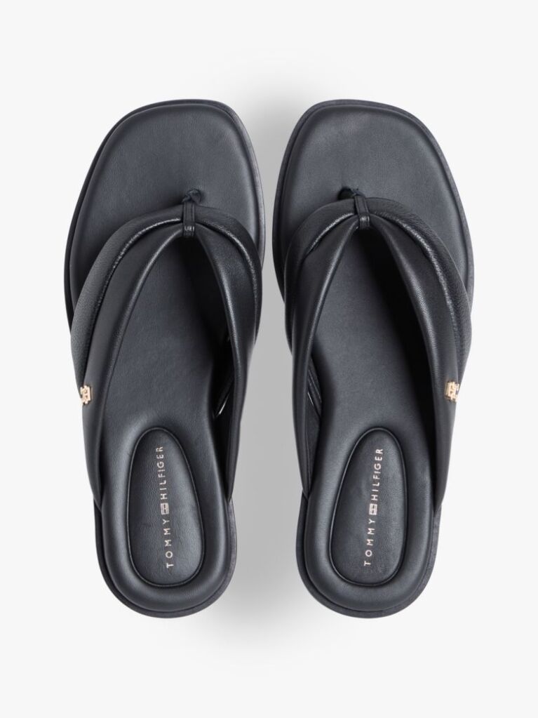 Black Leather Toe Post Flat Sandals  Women