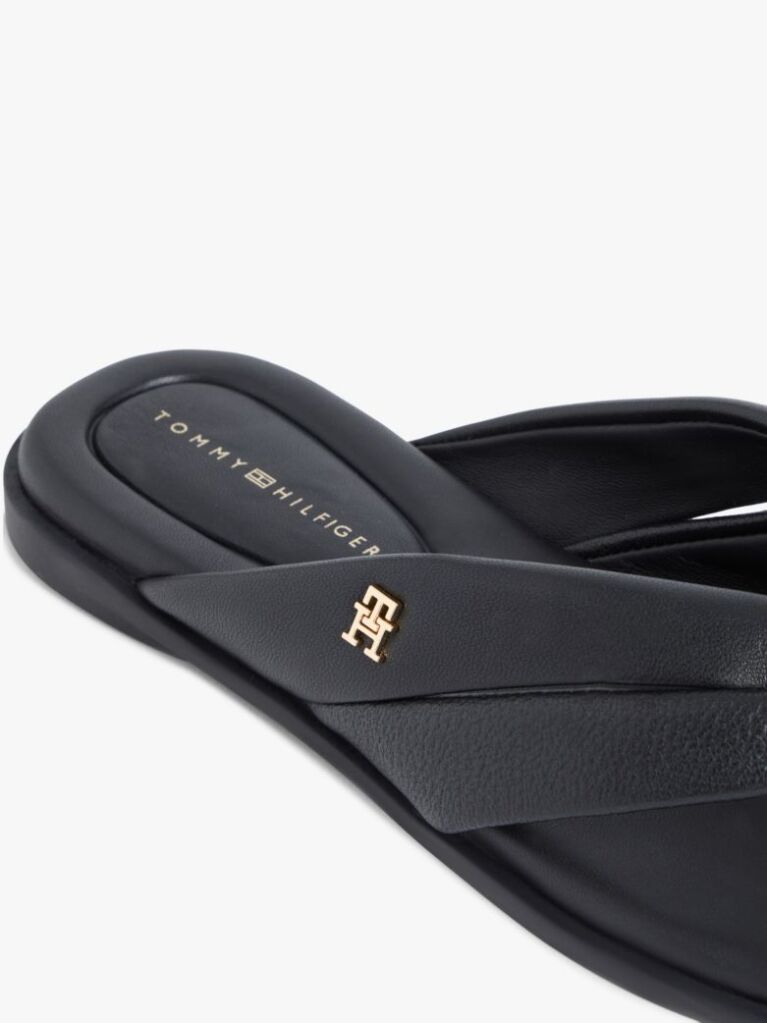Black Leather Toe Post Flat Sandals  Women