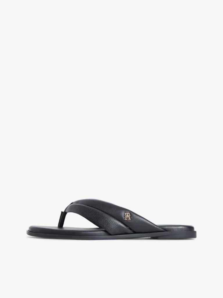 Black Leather Toe Post Flat Sandals  Women