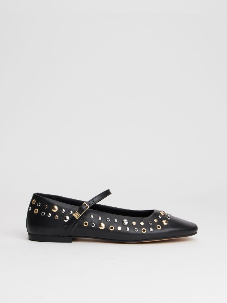 Black Stud Embellished Leather Buckle Ballerinas  Women