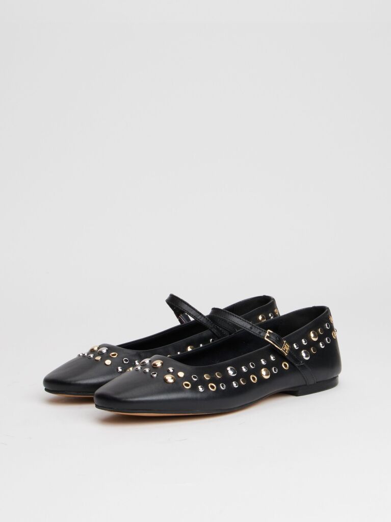 Black Stud Embellished Leather Buckle Ballerinas  Women
