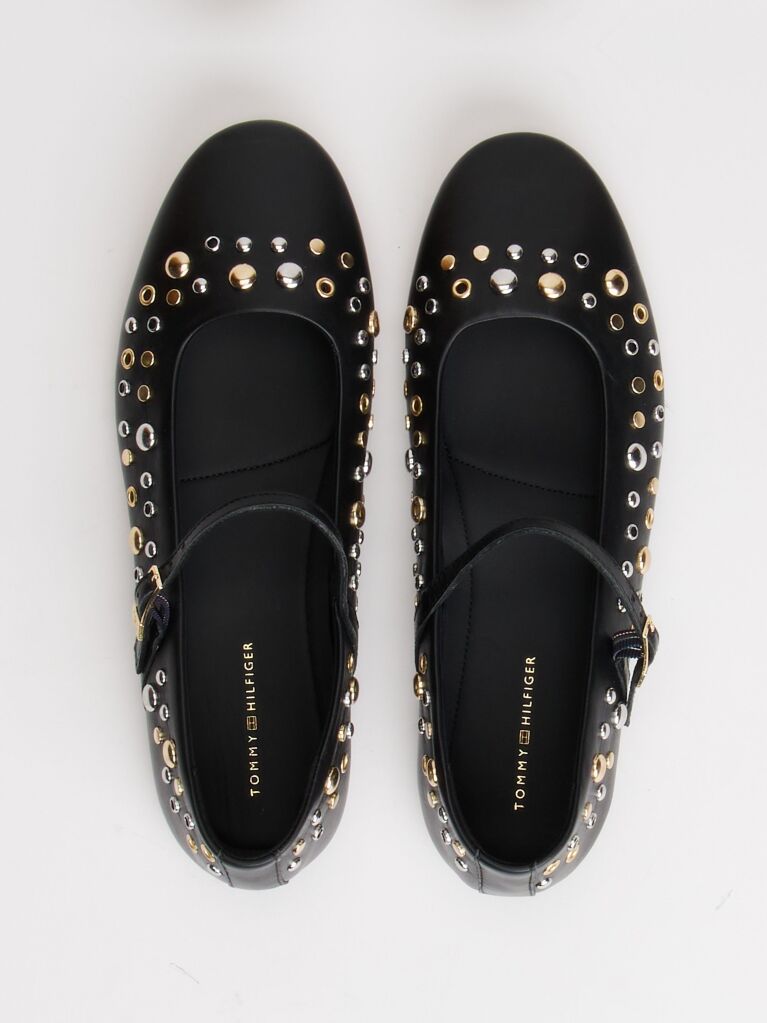Black Stud Embellished Leather Buckle Ballerinas  Women