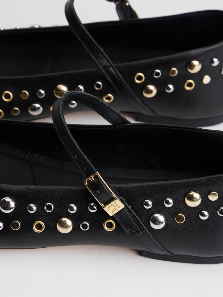 Black Stud Embellished Leather Buckle Ballerinas  Women