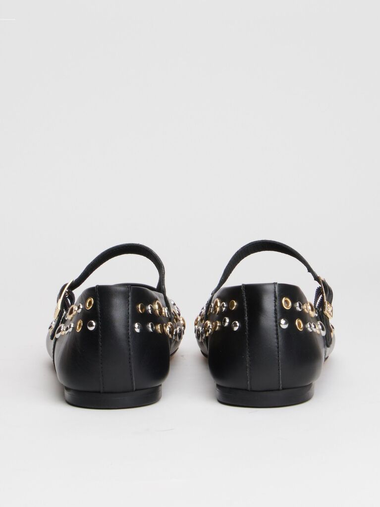 Black Stud Embellished Leather Buckle Ballerinas  Women