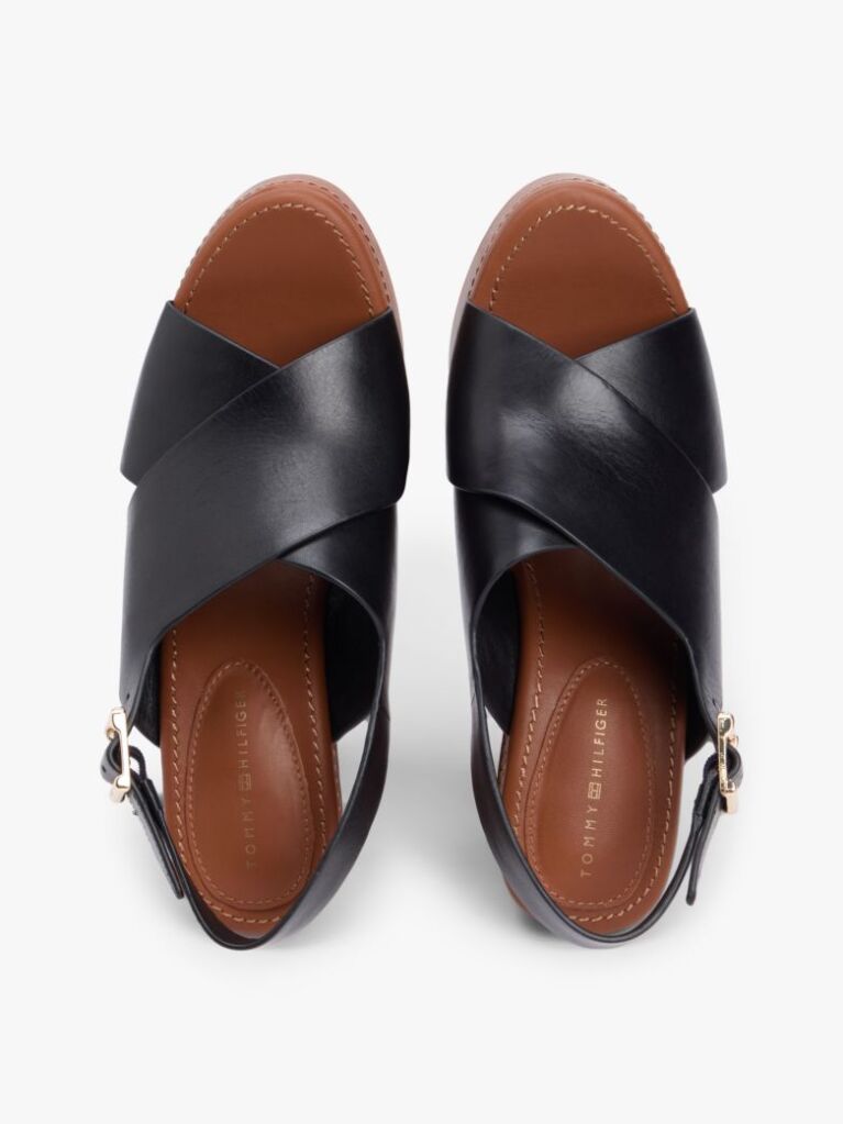 Black Leather Crossover Strap Block Heel Sandals  Women