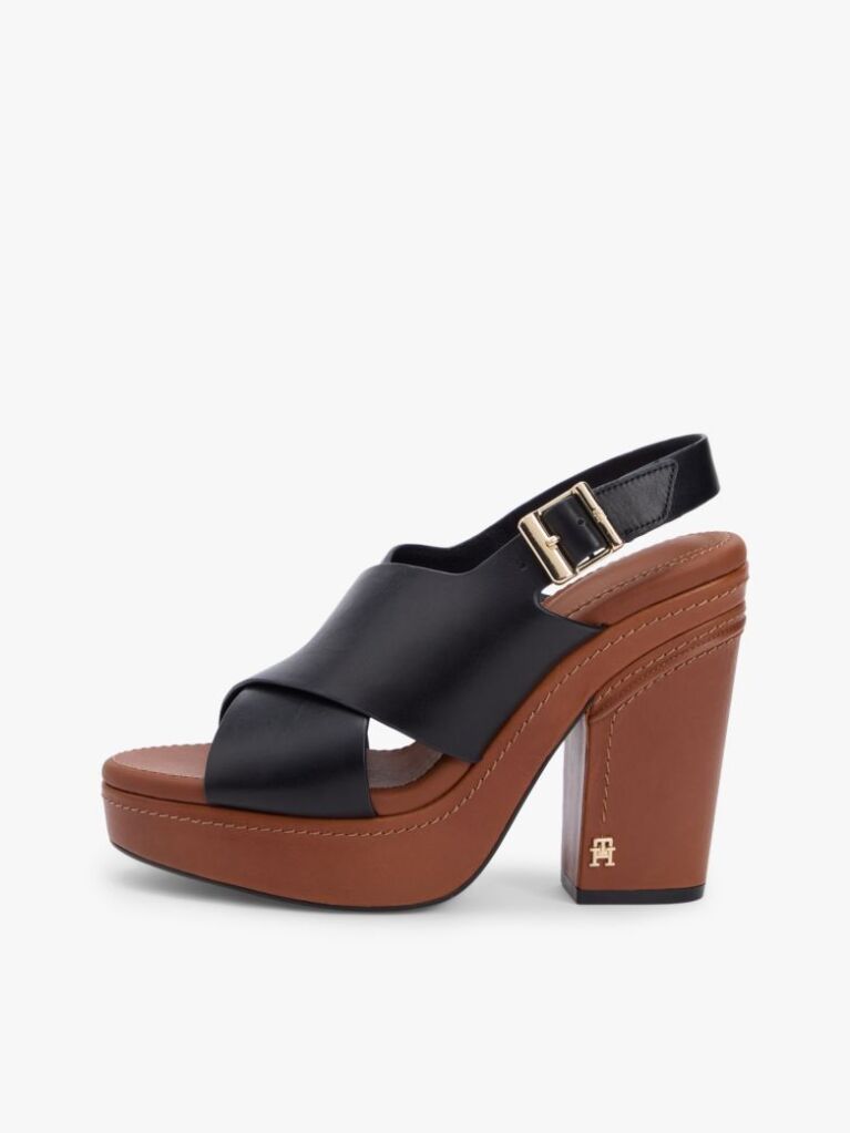 Black Leather Crossover Strap Block Heel Sandals  Women
