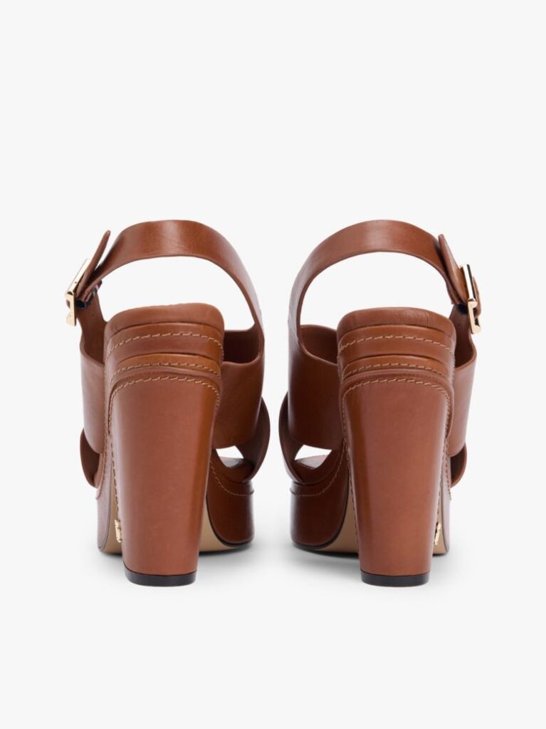 Brown Leather Crossover Strap Block Heel Sandals  Women