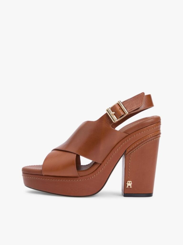 Brown Leather Crossover Strap Block Heel Sandals  Women