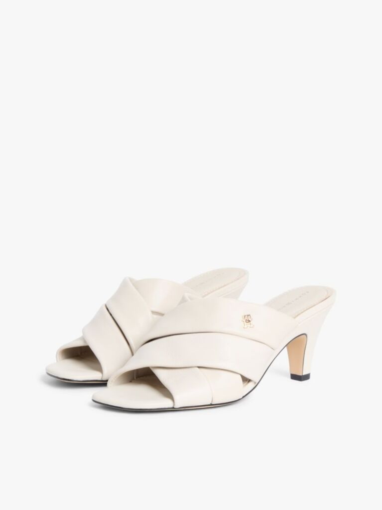 Beige Leather Crossover Strap Heeled Mules  Women