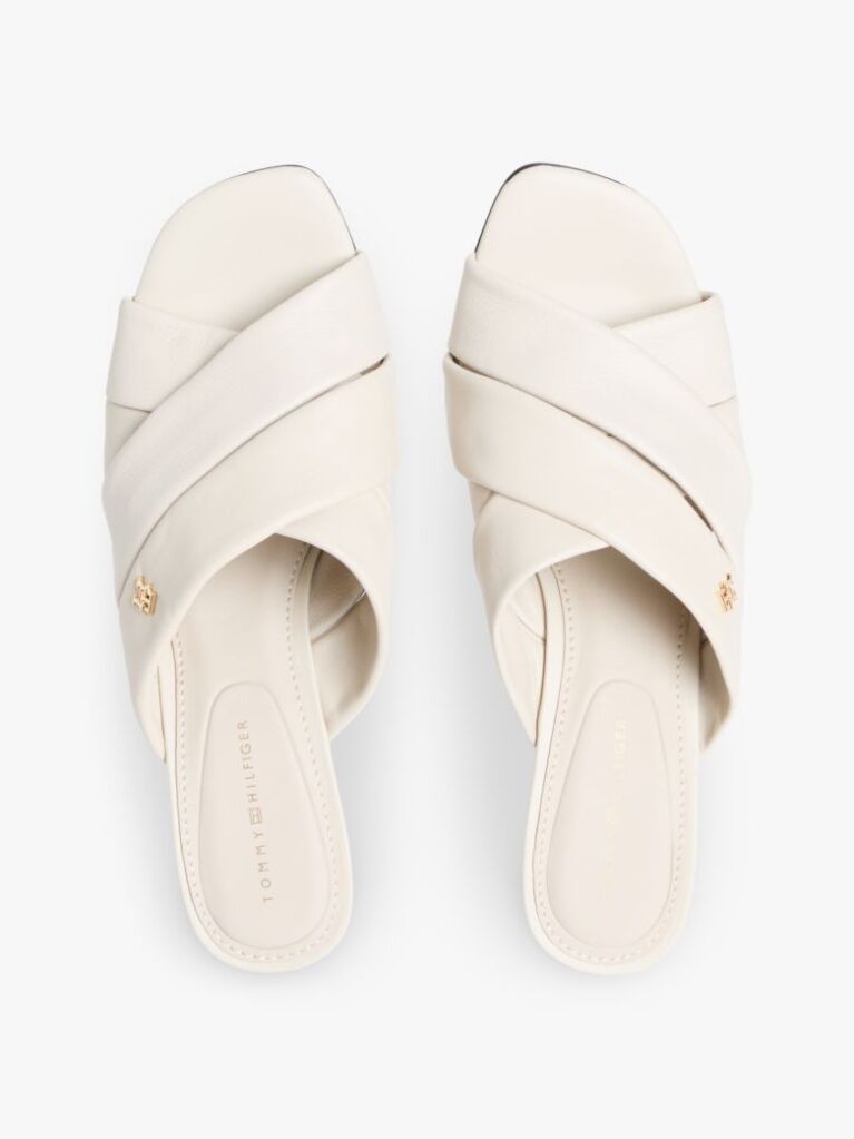 Beige Leather Crossover Strap Heeled Mules  Women