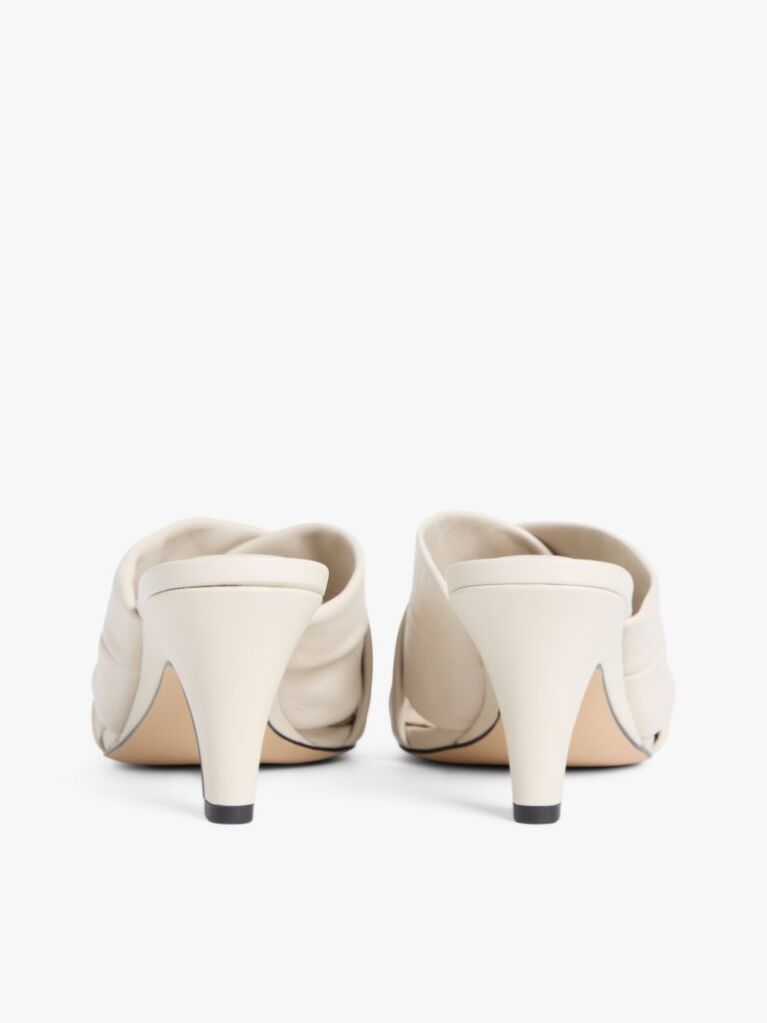 Beige Leather Crossover Strap Heeled Mules  Women