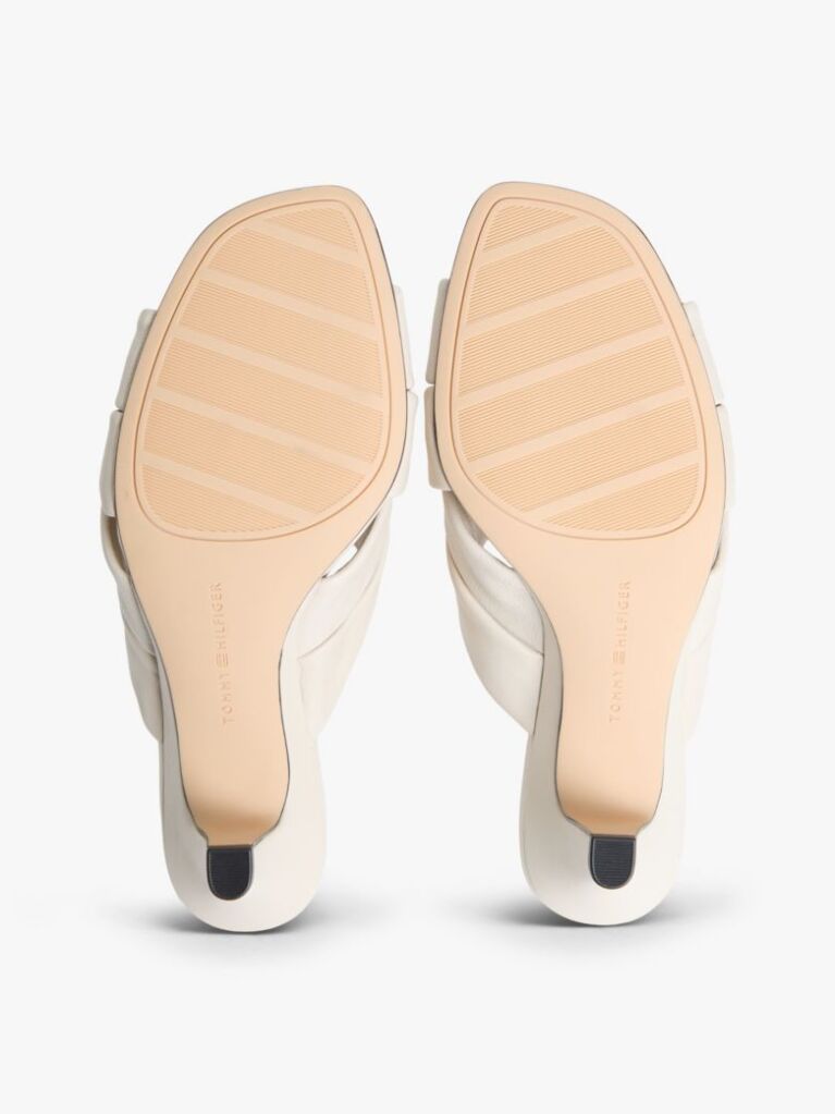 Beige Leather Crossover Strap Heeled Mules  Women