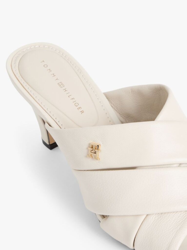 Beige Leather Crossover Strap Heeled Mules  Women