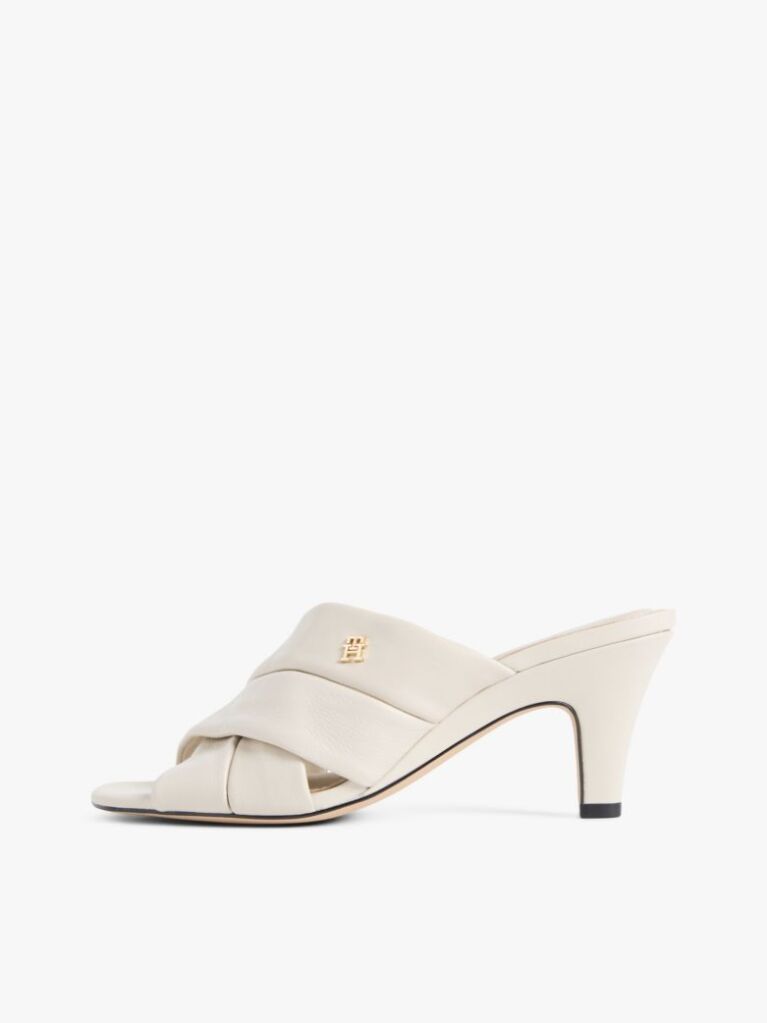 Beige Leather Crossover Strap Heeled Mules  Women