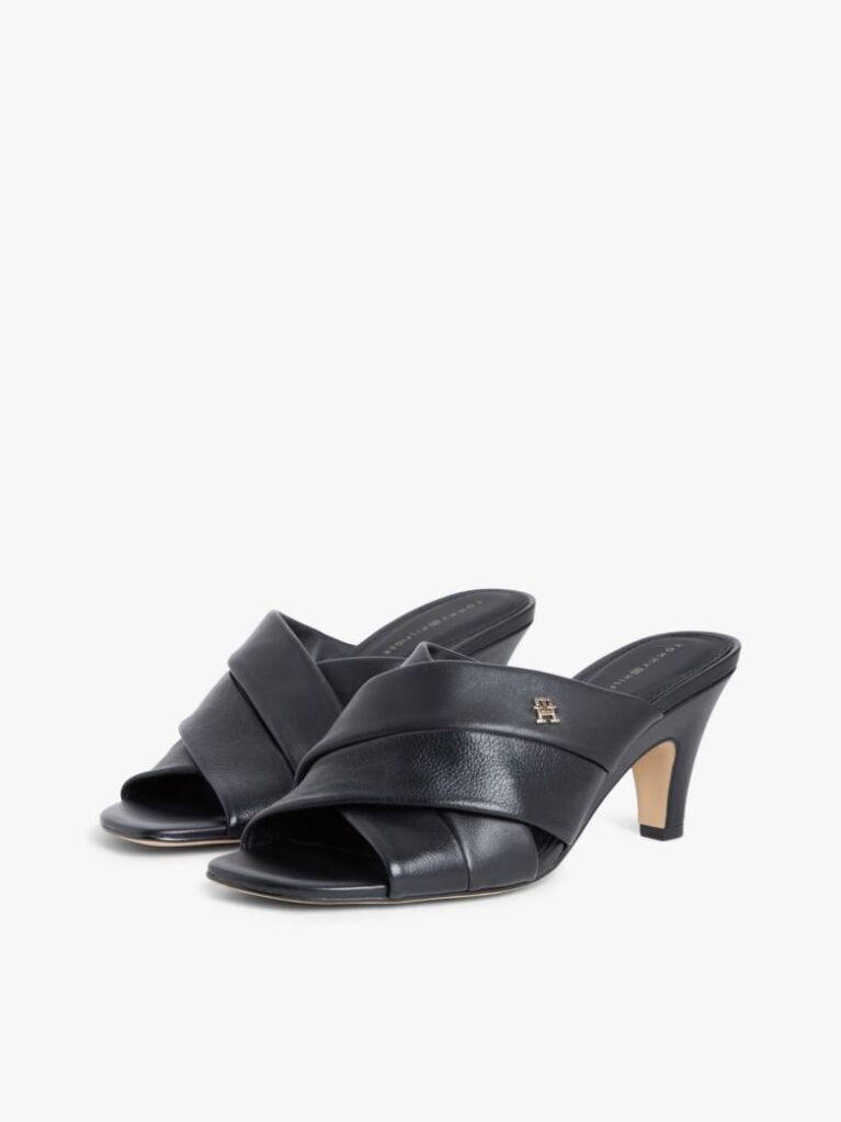 Black Leather Crossover Strap Heeled Mules  Women