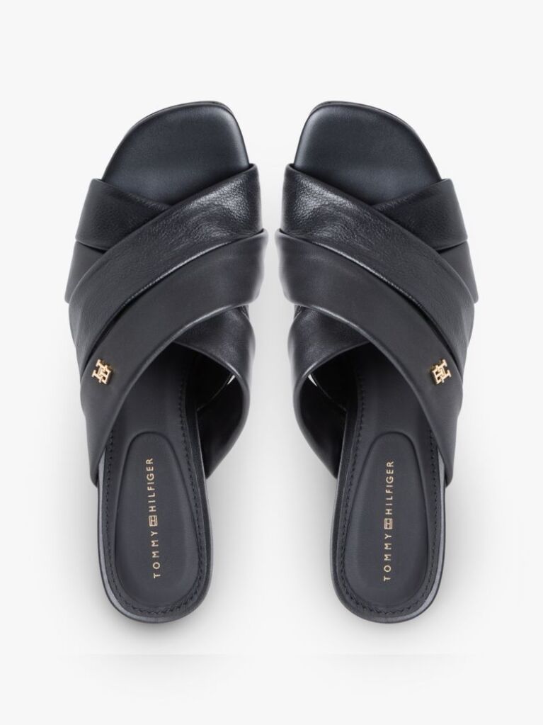 Black Leather Crossover Strap Heeled Mules  Women