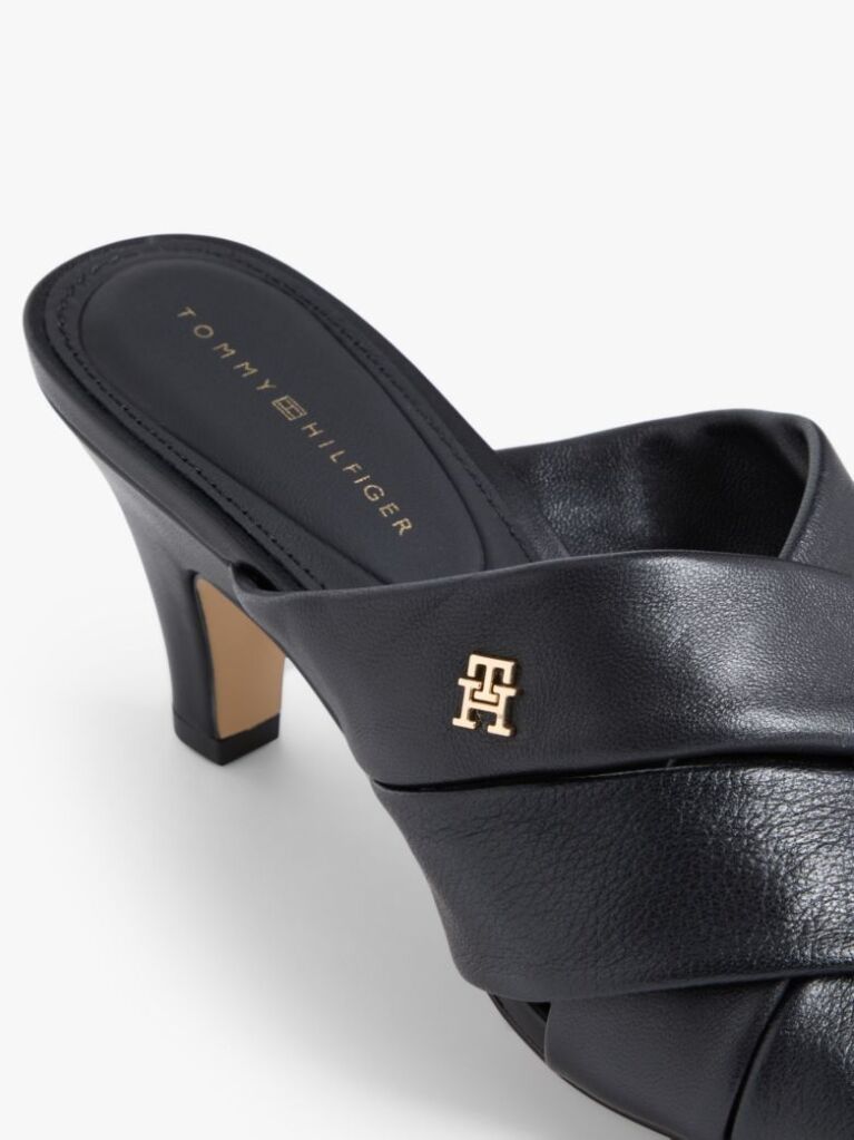 Black Leather Crossover Strap Heeled Mules  Women