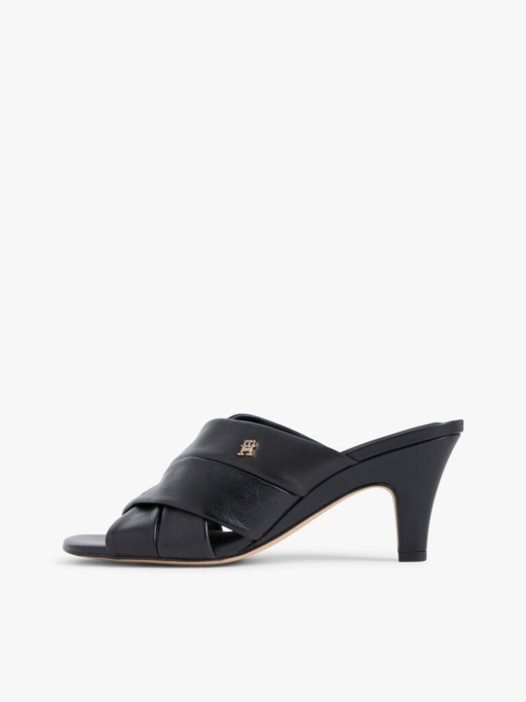 Black Leather Crossover Strap Heeled Mules  Women