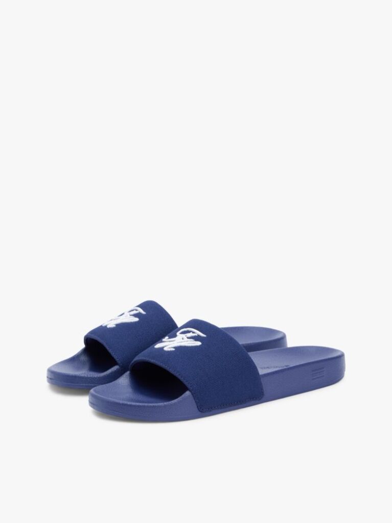 Blue Logo Embroidery Canvas Pool Slides  Women