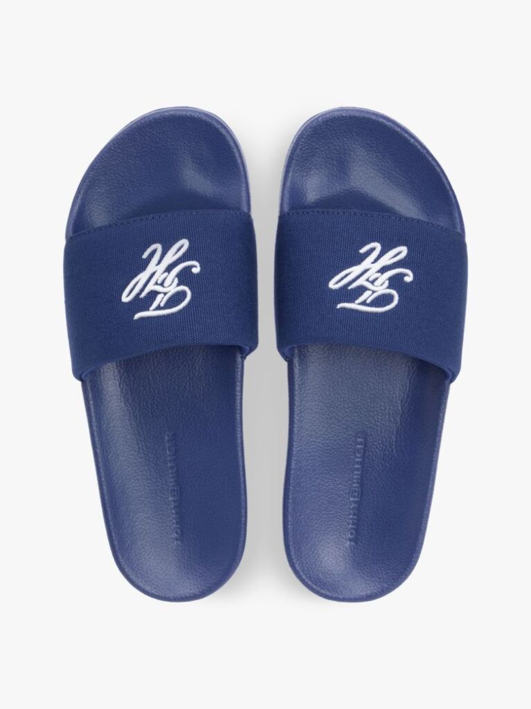 Blue Logo Embroidery Canvas Pool Slides  Women