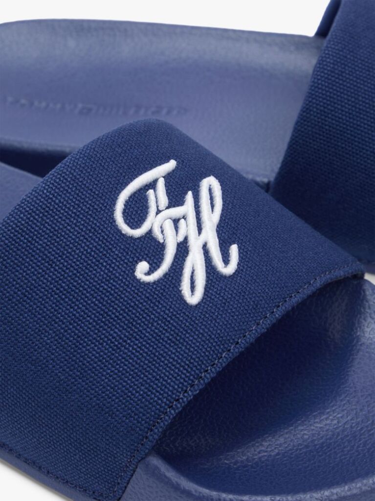Blue Logo Embroidery Canvas Pool Slides  Women