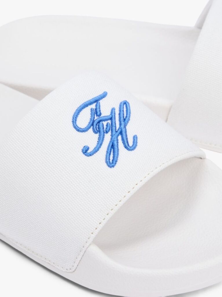 White Logo Embroidery Canvas Pool Slides  Women