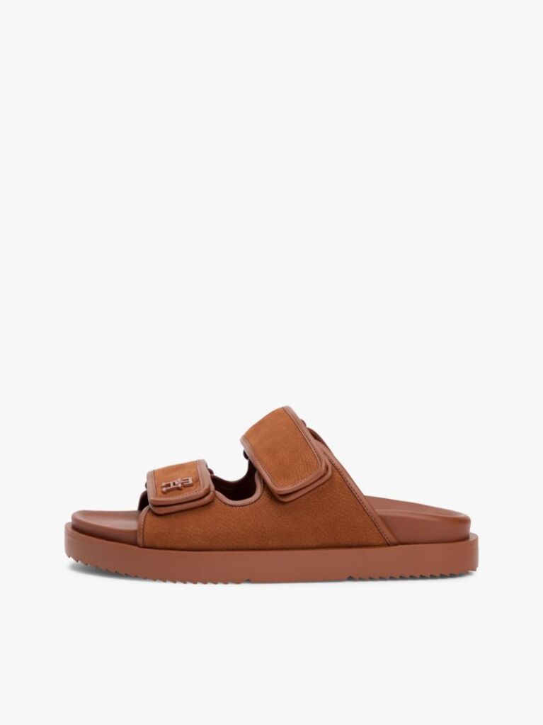 Brown Leather Double Strap Serrated Sandals  Women