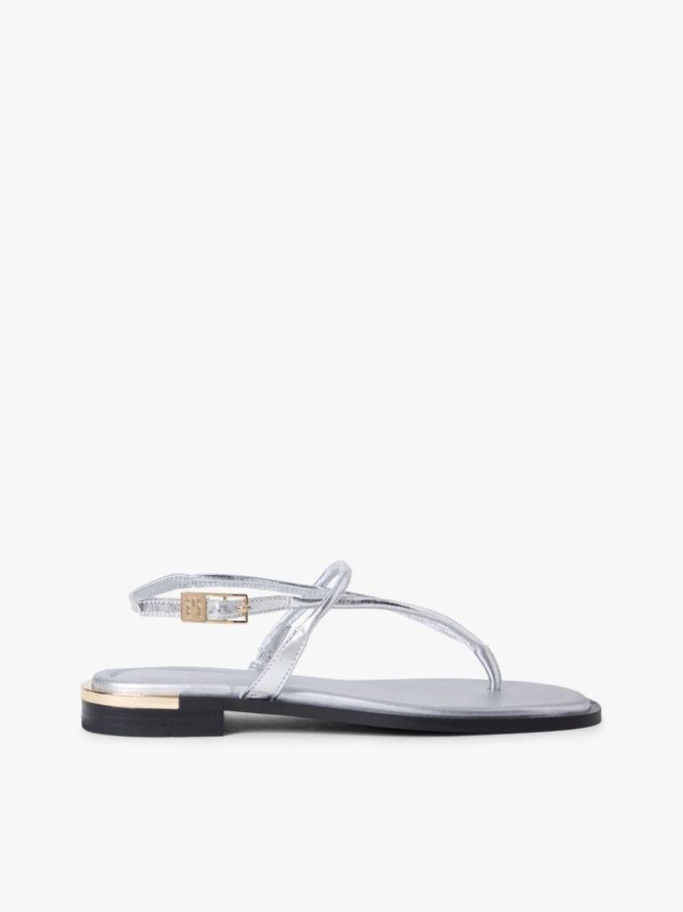 Silver Metallic Leather Toe Post Flat Sandals  Women