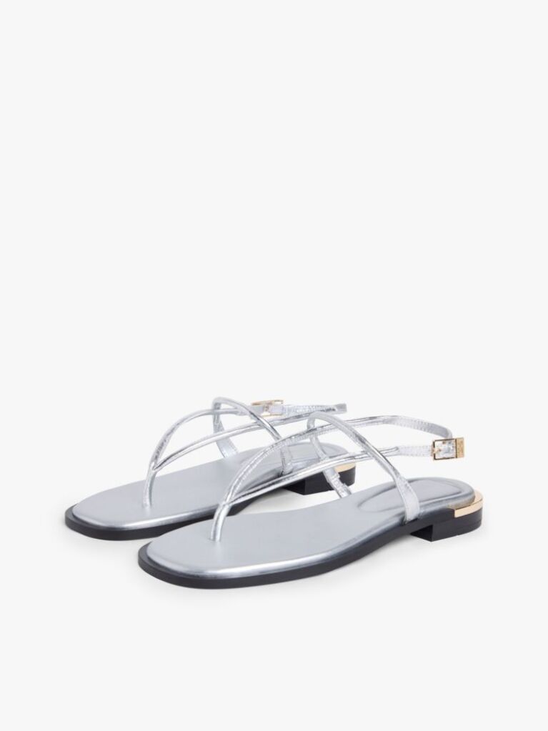 Silver Metallic Leather Toe Post Flat Sandals  Women