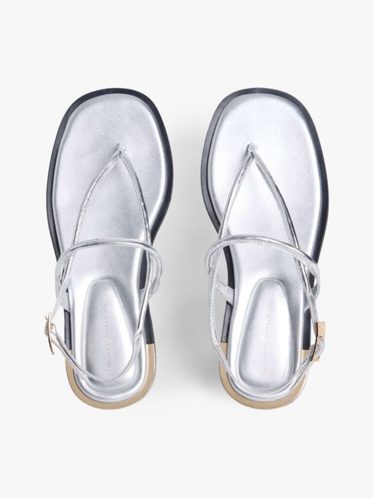 Silver Metallic Leather Toe Post Flat Sandals  Women