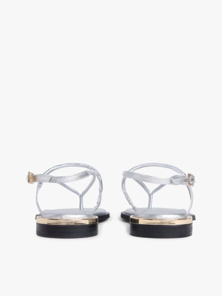 Silver Metallic Leather Toe Post Flat Sandals  Women