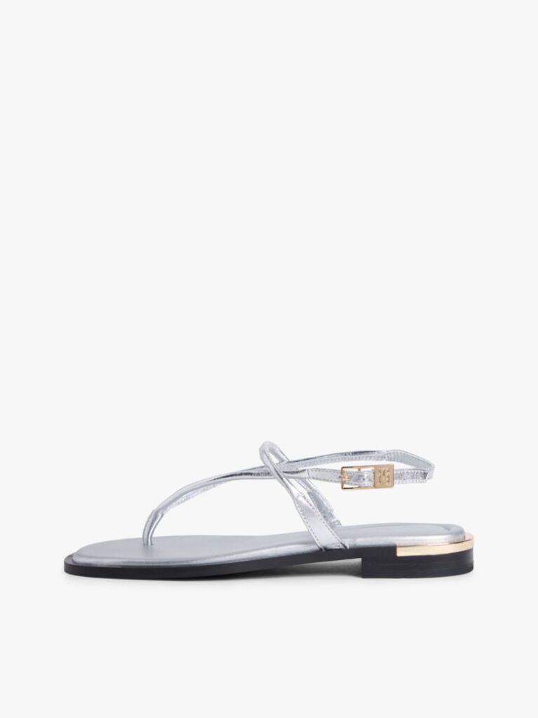 Silver Metallic Leather Toe Post Flat Sandals  Women