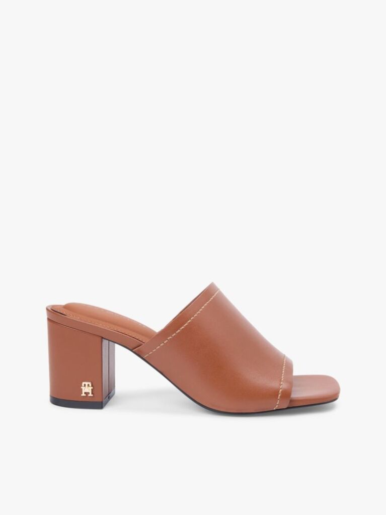 Brown TH Monogram Leather Block Heel Mules  Women