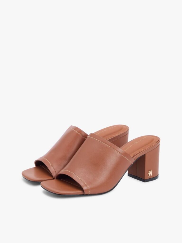 Brown TH Monogram Leather Block Heel Mules  Women