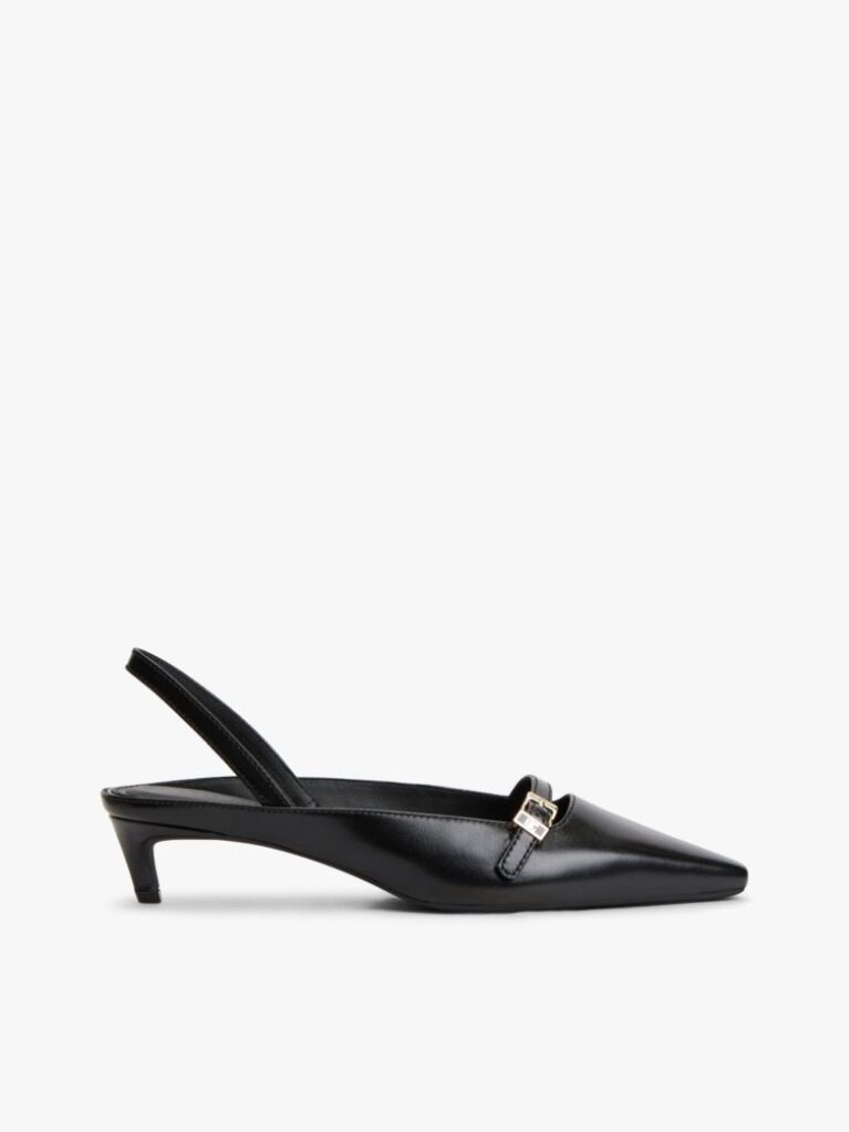 Black Leather Kitten Heel Slingbacks  Women