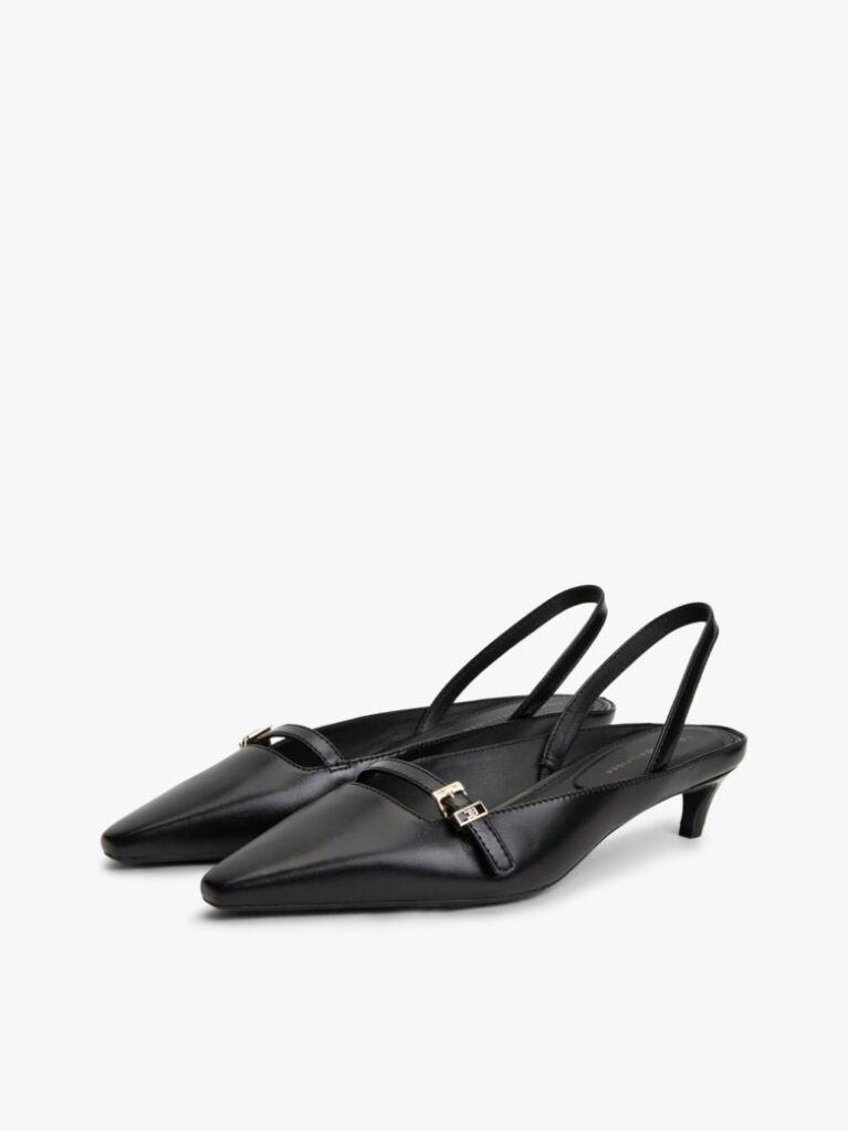 Black Leather Kitten Heel Slingbacks  Women