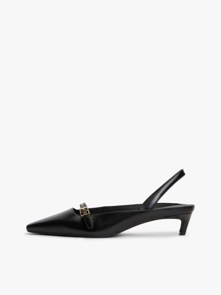 Black Leather Kitten Heel Slingbacks  Women